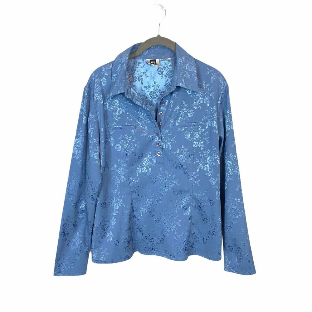 Spiegel Blouse Damask Together Vintage Womens Blue Popover Princess Seam Size M